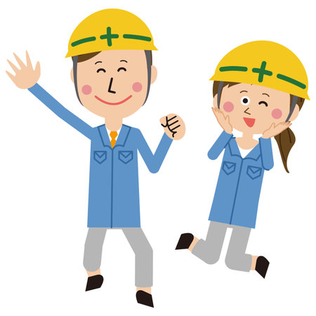 Pop yellow helmet and jump with a smileのイラスト素材
