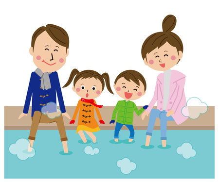 Pop family Winter to enjoy a foot bath with the familyのイラスト素材
