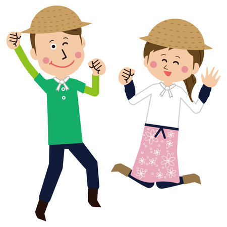 Pop farmer man and woman jumping energeticallyのイラスト素材