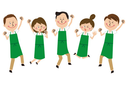 Five men and women in pop green aprons jumpingのイラスト素材