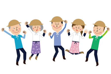 5 men and women of pop farms jumping energeticallyのイラスト素材
