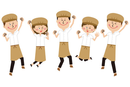 Men and women in a pop cafÃ© clerk or bakery line up and jumpのイラスト素材