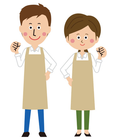 Pop Men and Women Beige Apron Guts Poseのイラスト素材