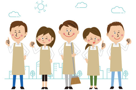 Pop man and woman people in beige apron gather outdoorsのイラスト素材