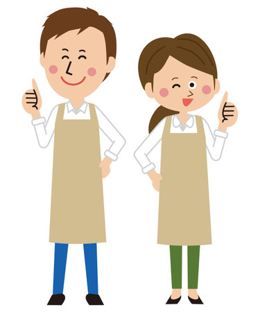 Pop Men and Women Beige Apron Nice Poseのイラスト素材