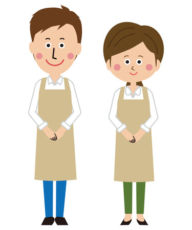 Pop men and women beige apron welcomeのイラスト素材