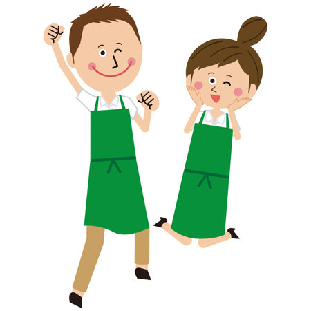 Five men and women in pop green aprons jumpingのイラスト素材
