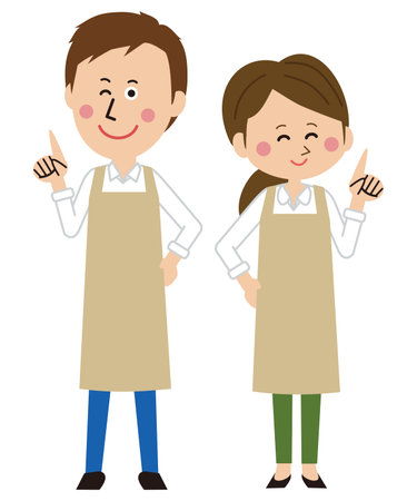 Pop man and woman beige apron pointingのイラスト素材