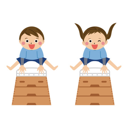 Pop kid gymnastics class lesson boy girl jumping boxãのイラスト素材