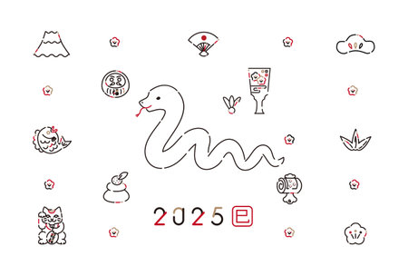 2025 Line Drawing Icon New Year's Card Year of the Snake 2025 Facing Leftのイラスト素材