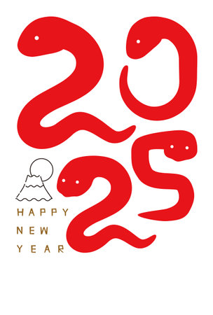 2025 Snake Red Gold Happy New Year Vertical New Year's card Mount Fuji and first sunriseのイラスト素材