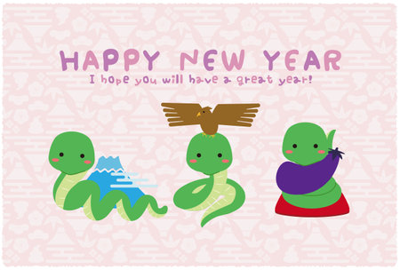 Happy New Year 1 Fuji 2 Hawk 3 Eggplant and snake Cute pink and purple 2025 New Year's cardのイラスト素材