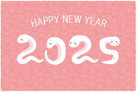 Snake pose 2025 New Year's card White snake Background pinkのイラスト素材