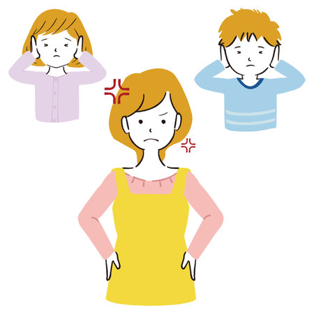 Angry mom and kids covering their earsのイラスト素材
