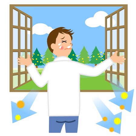 a man who put pollen in his room because he opened the windowのイラスト素材