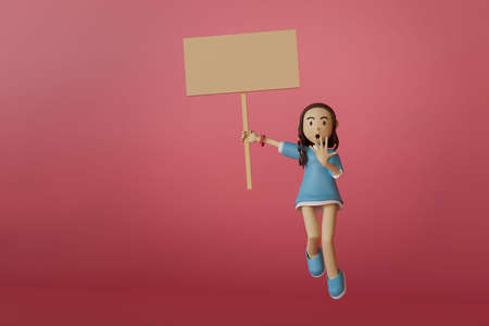 Portrait girl wearing blue oversized shirt, shocked, excited, looking straight, holding a blank sign, jumping on pink background. 3d render illustrationの写真素材