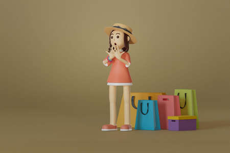 Portrait girl wearing a hat and Pink oversized shirt. Shocked, shocked, excited, and many shopping bags on gold background, 3d illustration.の写真素材