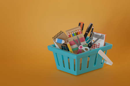 Shopping basket, items in the basket, stationery, notebooks, pencils, erasers, scissors, paper clips, pens, wooden color boxes, compasses, pencils, compasses, calculators, bills , marker pen , on a orange background, 3d illustrationの写真素材