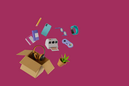 box with scattered goods , headphones , plant pot , polaroid camera , gamepad , smart watch ,...