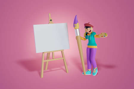 women holds a color palette and giant brush standing with Standing Drawing, portrait, 3D, Render,...