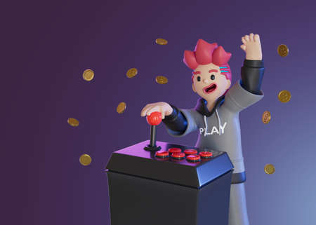 men standing using the game controller. To receive award Crypto in Metaverse ,portrait, 3D, Render, illustrationの写真素材