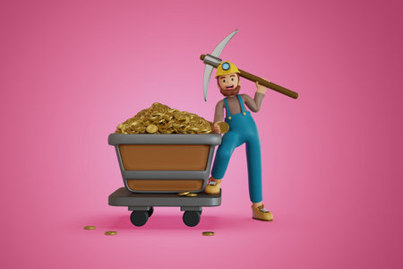 men holding pickaxe and cart of crypto coins 3D, Render, illustrationの写真素材