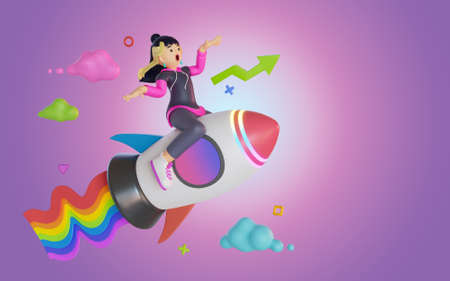 women riding a rocket up arrow graph 3D, Render, illustrationの写真素材