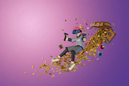 men playing vr and holding a controller on piles of crypto and prizes lot 3D, Render, illustration
