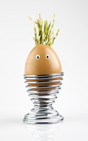 Beautiful Easter eggs with grass grown from topの写真素材