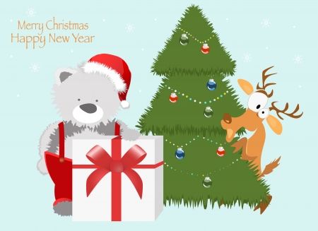 Red baby winter background with Funny young Teddy bear  のイラスト素材