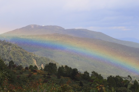 rainbow and colorful  leaves in Hachimantaiの写真素材