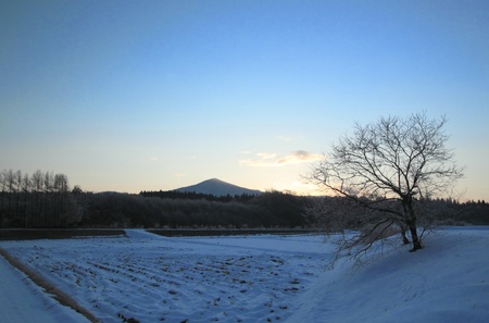 snow field and mountain  in Morioka, Iwate,Japanの写真素材