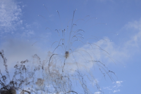 Japanese traditional fireworks against blue sky  in  Akita ,Japan