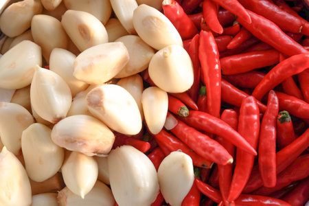 garlic and red chiliの写真素材