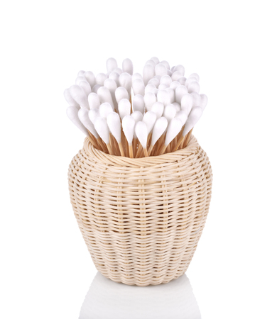 Wood , cotton buds isolated on white backgroundの写真素材