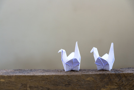 Paper bird on a wooden floor for peace.の写真素材