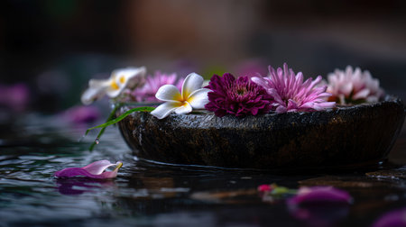 A serene arrangement of vibrant flowers gracefully floating on water within a rustic bowl. This tranquil scene evokes feelings of calmness and natural beauty.の素材
