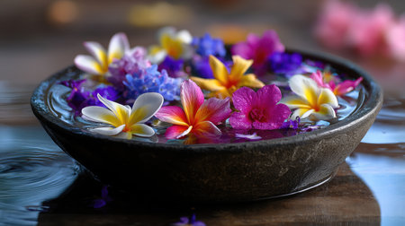 A serene bowl filled with vibrant flower petals floats on a calm water surface, creating a peaceful atmosphere perfect for relaxation and spa experiences.の素材