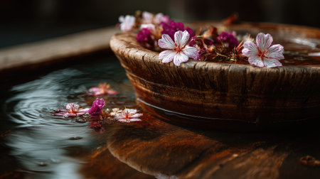 Capture the soothing essence of nature with a wooden bowl filled with delicate pink flowers floating on the calm water surface, offering a moment of tranquility.の素材