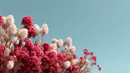 A captivating arrangement of vibrant pink and white flowers set against a clear blue sky. Ideal for creative projects, nature themes, and floral designs.の素材