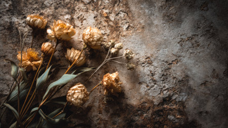 This image showcases a beautiful arrangement of dried flowers resting on a textured rustic surface, highlighting warm tones and natural elements ideal for artistic projects.の素材