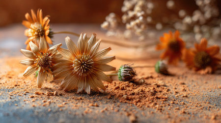 This photograph features a stunning arrangement of dried flowers with warm orange hues set against a textured background, perfect for home and event decoration.の素材
