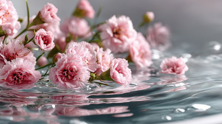A serene composition featuring delicate pink flowers floating on a tranquil water surface, creating a calming atmosphere with gentle reflections and soft waves.の素材