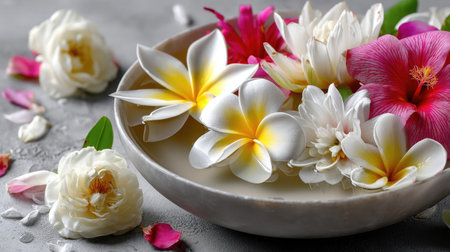 A stunning display of exotic flowers in a bowl filled with water evokes feelings of tranquility and beauty, perfect for relaxation and enhancing any space's ambiance.の素材