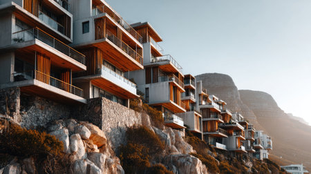 Discover a stunning display of modern coastal architecture featuring elegant balconies and breathtaking mountain views, perfectly blending luxury and nature.の素材