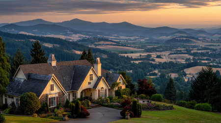 This stunning image captures a countryside home at sunset, surrounded by lush greenery and rolling hills, offering a peaceful and picturesque landscape.の素材