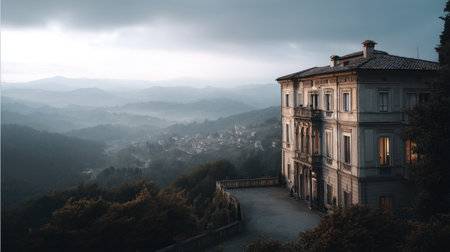 A charming historic mansion stands elegantly against a backdrop of misty mountains and valleys. This tranquil scene captures the beauty of nature during twilight hours.の素材