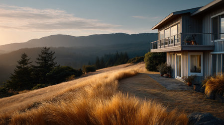 A stunning modern house perched on a hilltop presents breathtaking views of a serene valley during sunset. Lush, golden grass enhances the peaceful atmosphere.の素材
