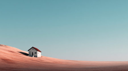 A picturesque scene features a solitary white house set against gently rolling pink earth and an expansive blue sky, evoking feelings of peace and tranquility.の素材