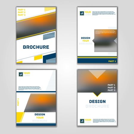 Business vector set. Brochure template layout, cover design annual report, magazine, flyer in A4 with yellow blue flying triangles, square, circles, flower, polygons for science, teamwork.のイラスト素材
